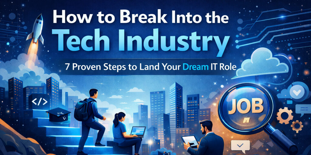 How to break into the tech industry illustration showing professionals advancing toward IT careers in a modern digital city