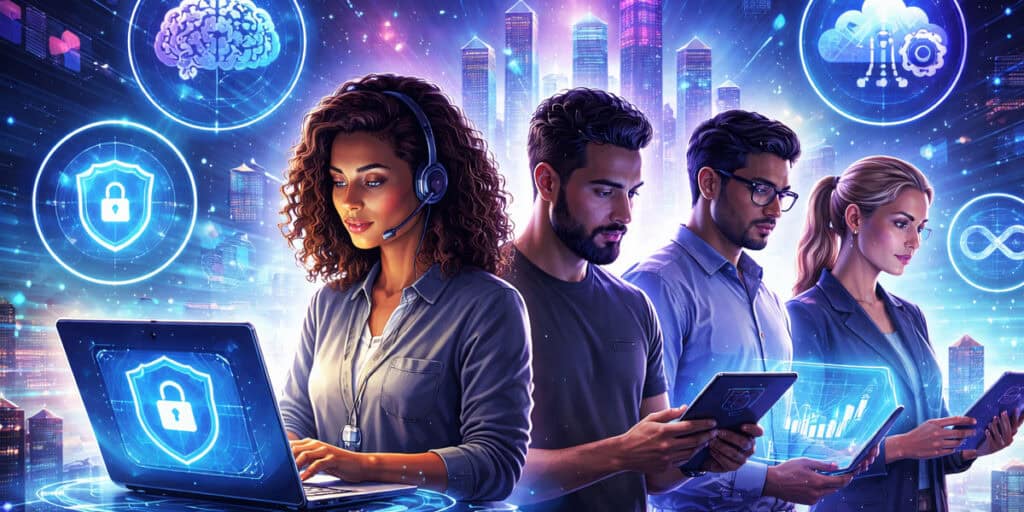 Tech professionals working with AI, cloud computing, cybersecurity, and data analytics in a futuristic digital workspace