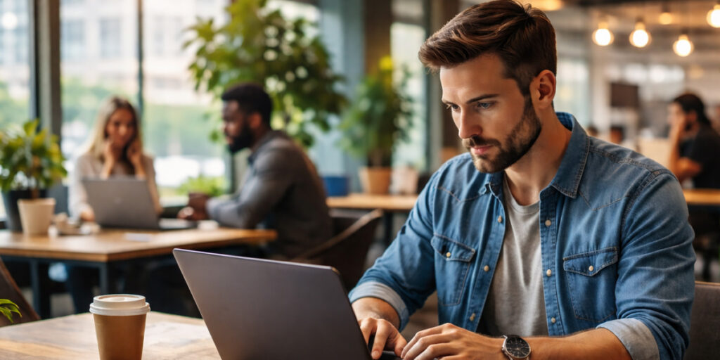 Tech professional working remotely on laptop in coworking space representing IT contract work