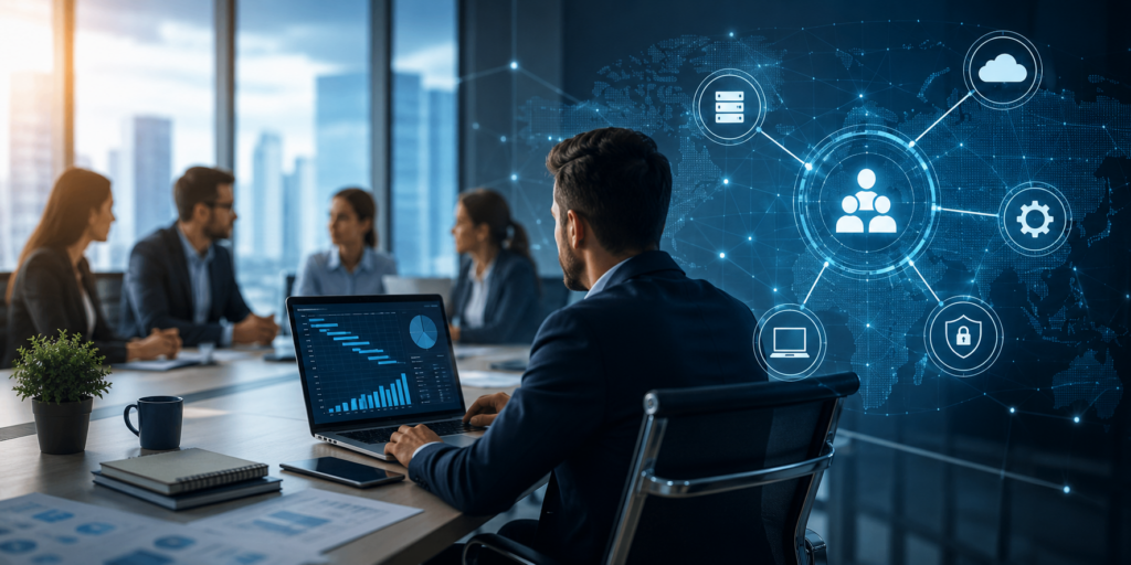 Outsourced IT project management team collaborating on enterprise technology strategy and digital infrastructure planning