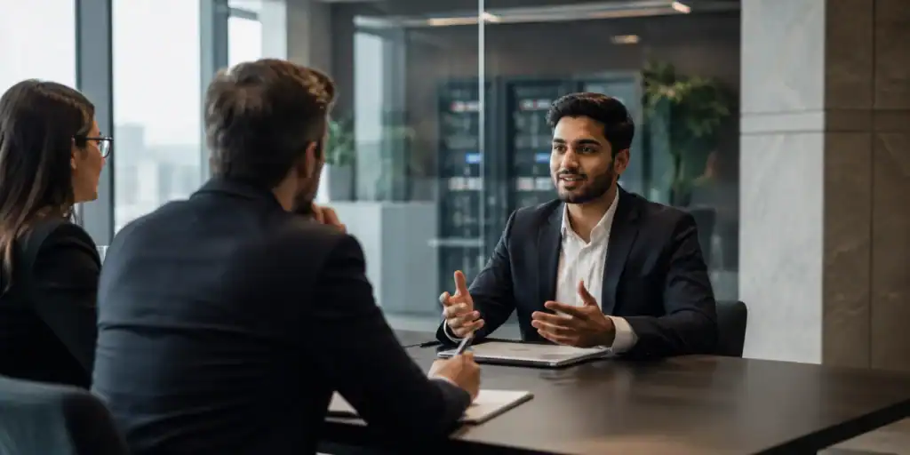 A young man in a suit explains a point to two colleagues across a conference table in a modern office setting.