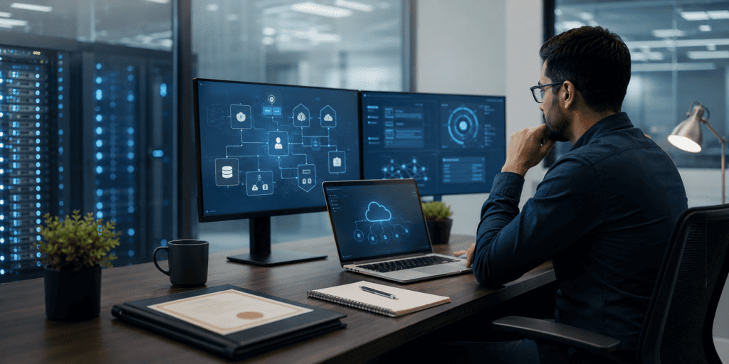 IT professional reviewing cloud and cybersecurity systems beside a certification document